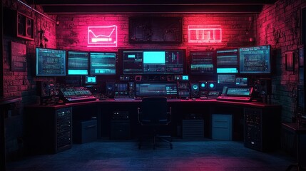 Dark, neon-lit, high-tech home office with multiple computer monitors, audio equipment, and glowing signs.