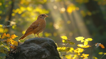 Golden bird perched on rock in autumn forest.