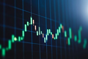 Stock market graph with upward candlestick charts and green arrows on a dark blue background, symbolizing financial growth.
