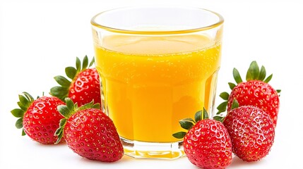 Refreshing orange juice served in a clear glass with fresh strawberries on the side.