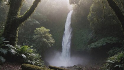 Waterfall in forest with fog