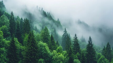 A serene landscape of lush green coniferous trees shrouded in mist, creating a tranquil and mysterious atmosphere.