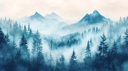 Fototapeta premium Serene blue mountain landscape with evergreen trees shrouded in mist, creating a tranquil and calming atmosphere.