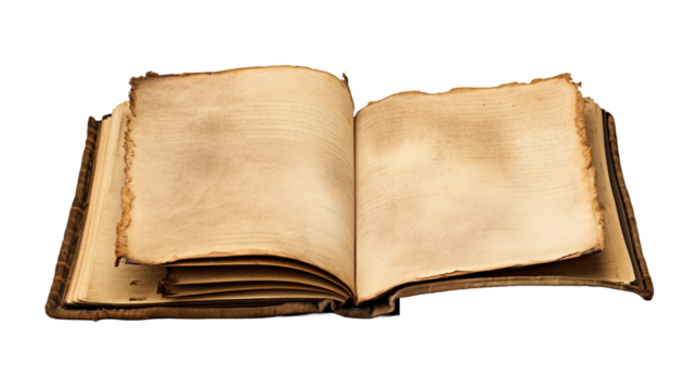 Open old book with blank pages isolated on transparent background PNG.

