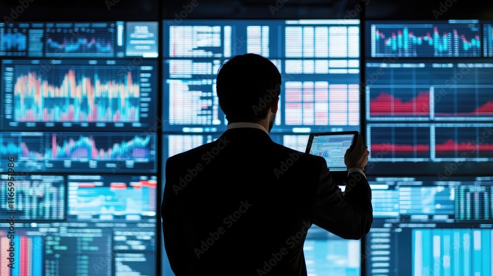 Poster data analyst analyzing trends in consumer behavior, visualizing data points and graphs on a large di