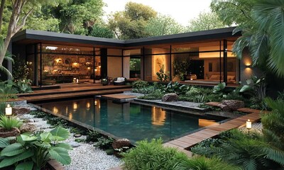 Modern home with a serene pool surrounded by lush greenery and natural elements.