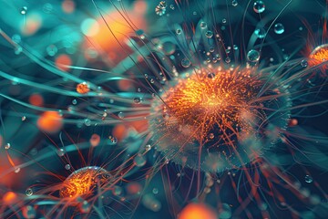 Fototapeta premium Fertilization depicted in microscopic detail, cellular membranes glowing, intricate structures forming life