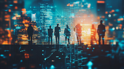 Abstract business team stands on the peak of success amid tall, innovative Smart city and graphs with statistics to analyze business potential and predict future developments in company growth.