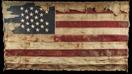 A weathered and worn American flag, showcasing its rich history and character through faded colors and frayed edges.