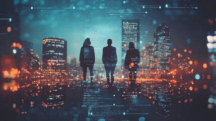 Abstract business team stands on the peak of success amid tall, innovative Smart city and graphs with statistics to analyze business potential and predict future developments in company growth.