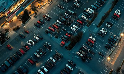 Aerial view of a parking lot filled with various cars under evening lighting.