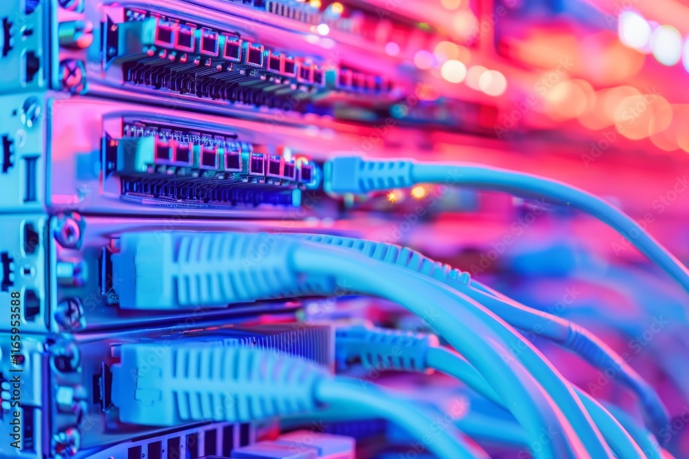 Poster colorful lights illuminate a data center where network cables are connected to servers, showcasing t