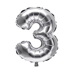 Silver balloon shaped like the number three.