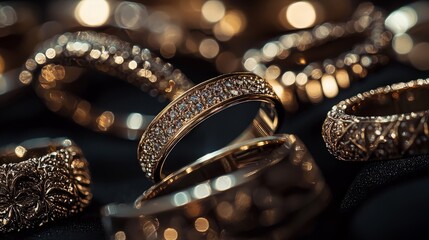 Close-up of various gold rings with diamonds, displayed on dark fabric with bokeh lights.
