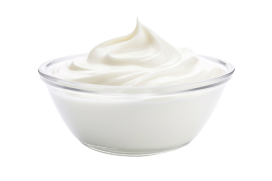 Bowl of fresh greek yogurt or sour cream on isolate transparency background.
