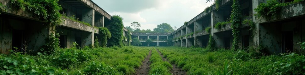 Fototapeta premium Abandoned buildings with overgrown vegetation , urbex, cityscape ruins