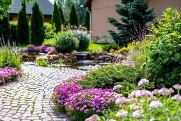 A charming garden path lined with vibrant flowers meanders beside a serene pond, creating a tranquil atmosphere in a lush residential setting on a bright day.
