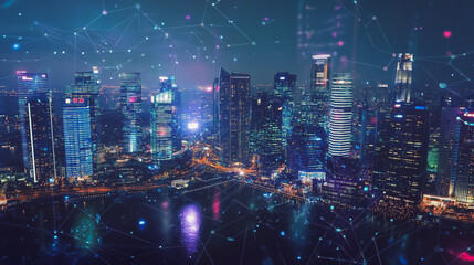 Obraz premium Abstract business team stands on the peak of success amid tall, innovative Smart city and graphs with statistics to analyze business potential and predict future developments in company growth.