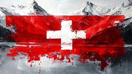 A striking abstract painting of the Swiss flag, blending vibrant red and white hues with a mountainous backdrop.
