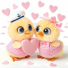 Fototapeta premium Adorable illustration of two playful chicks sharing a heart, surrounded by floating pink hearts symbolizing affection, friendship, and romance in a whimsical and cheerful concept.