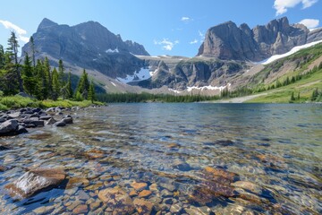 The tranquil lake showcases crystal-clear waters with visible pebbles, surrounded by towering mountains and vibrant greenery under a bright blue sky.