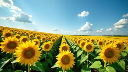 Endless rows of sunflowers, huge blooms under a cloudless sky , rural, sunny, field of flowers