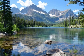 A tranquil mountain lake showcases stunning reflections of towering peaks and a vibrant blue sky. Lush greenery surrounds the water, enhancing the serene summer atmosphere.