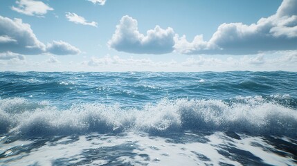 Fototapeta premium A serene view of a sunny ocean, with soft waves crashing against the shoreline under a bright blue sky.