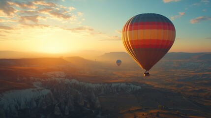 Fototapeta premium Hot air balloons soar over scenic landscape at sunrise.