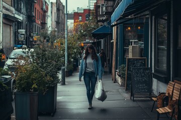 A woman moving through a lively urban area, enjoying everyday life amidst bustling city energy.