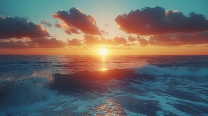 Fototapeta premium A breathtaking sunset over the calm ocean waves, casting vibrant colors on the water's surface.