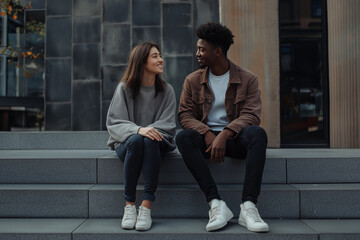 A couple sharing smiles and warm moments while seated on steps.