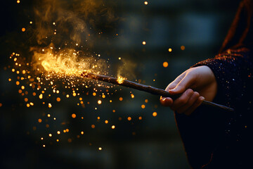 Fototapeta premium A magical wand cast in darkness, radiating sparkling gold lights.