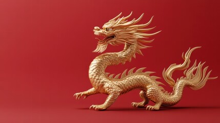 Obraz premium Close-up of a golden dragon statue with intricate details, set on a vivid red background. Ideal for Chinese New Year