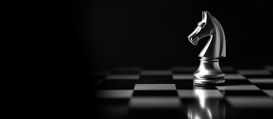 Black and white chess knight on chessboard, dark background, business strategy concept, detailed high-resolution photography.