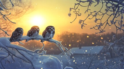 Three snowy owls perched on a frost-covered branch at sunset, evoking a serene winter atmosphere.