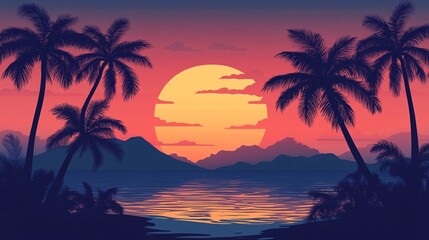 A tranquil sunset over a tropical beach with silhouetted palm trees and gentle waves, evoking a serene and relaxing mood.