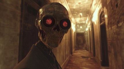 Glowing Skull in a Dark Hallway: A Surreal Digital Art