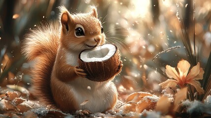 Obraz premium Adorable squirrel enjoys coconut in snowy woods.