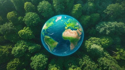 Fototapeta premium Vibrant Earth surrounded by lush green forests showcasing the beauty of nature and environmental harmony