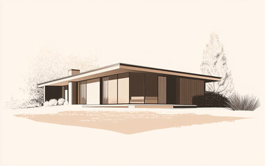 Mid-century modern houses with clean lines, large glass windows, and minimalist landscapes, emphasizing simplicity, elegance, and harmony with the natural environment