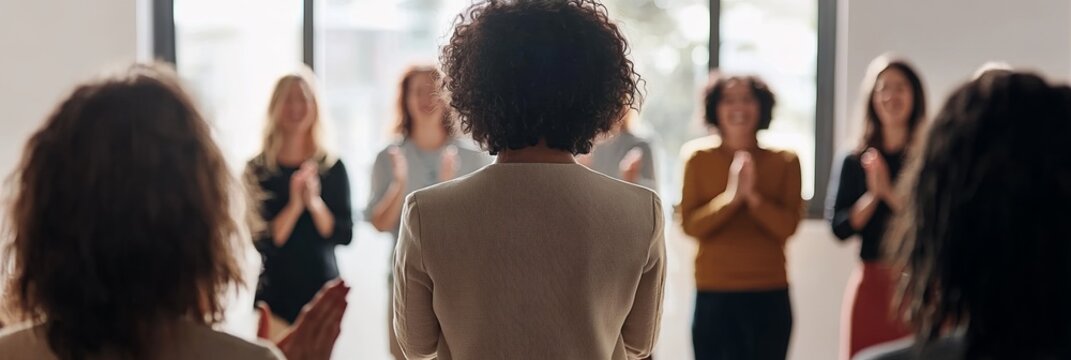 Woman leading group therapy session in bright office space, symbolizing growth and support in a women’s social work workshop in Scotland.