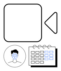 Video recording symbol, outlined face scan icon, calendar grid. Ideal for technology, AI integration, scheduling, virtual meetings, surveillance, biometrics abstract line flat metaphor