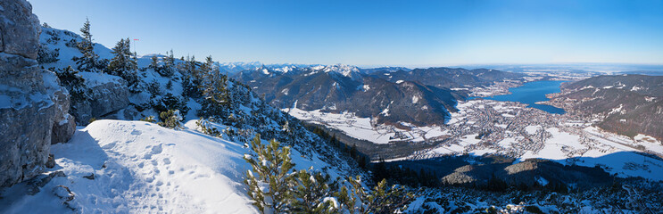 stunning view from  Wallberg mountain summit, lake Tegernsee and bavarian alps in winter