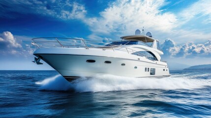 Luxury yacht cruising on ocean, sunny day.