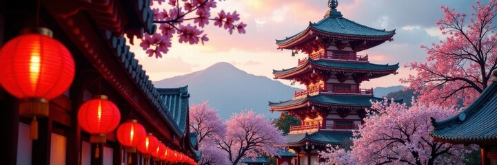 Fototapeta premium Vibrant red lanterns illuminate pagoda, cherry blossoms frame ancient Tokyo temple, building, roof, flowers