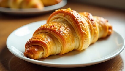 Golden-brown flaky croissant, delicate layers, white plate, food, brunch, sweet