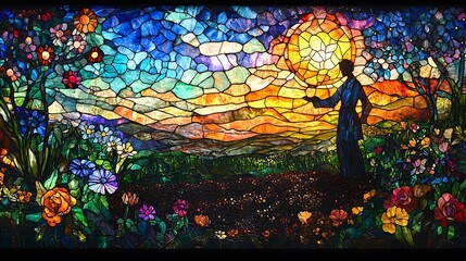 The Parable of the Sower captured in luminous stained glass, the farmer depicted mid-motion scattering seeds across different types of soil, celestial elements symbolizing divine influence,