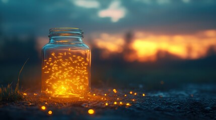 Sunset, jar, glowing lights, magical ambiance.