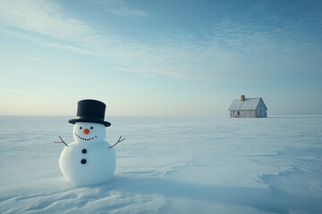 Lonely Snowman, Blue Sky and White Snow, Serene Winter Scenery